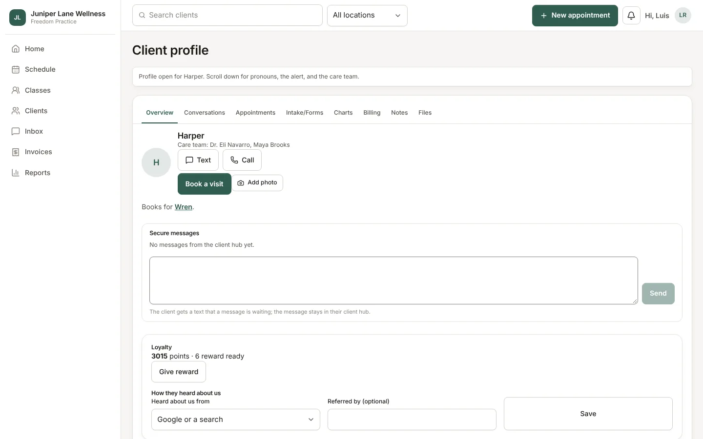 A client profile with conversations, visits, billing, and loyalty.