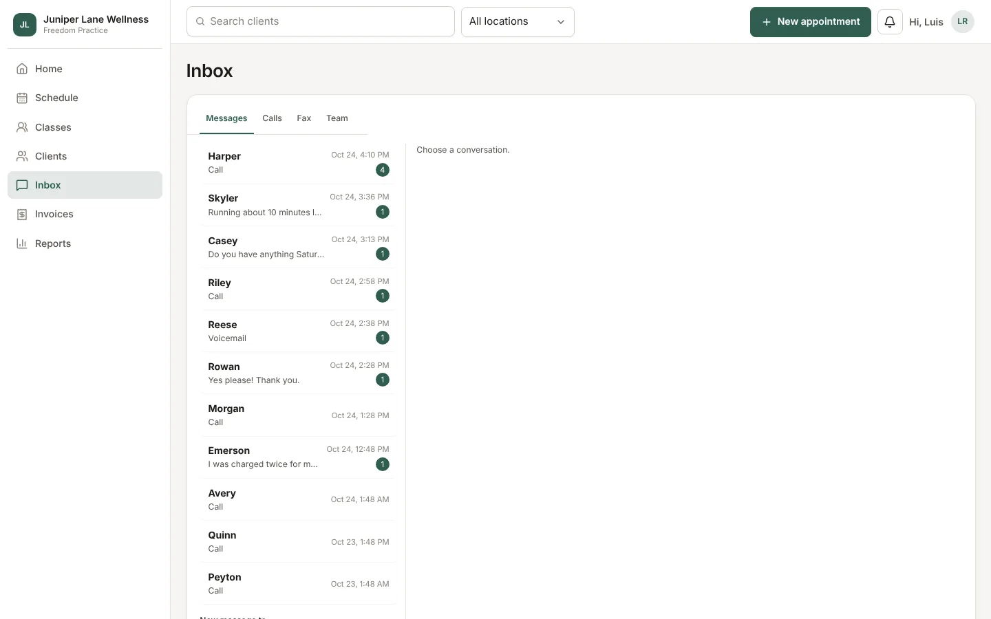 The inbox with client texts, calls, and voicemail.
