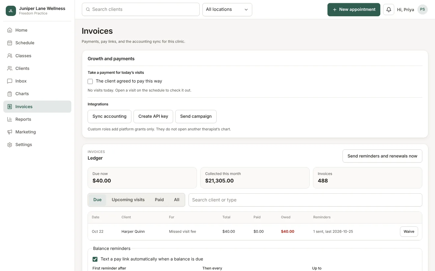 Invoices → Ledger with due and collected totals.