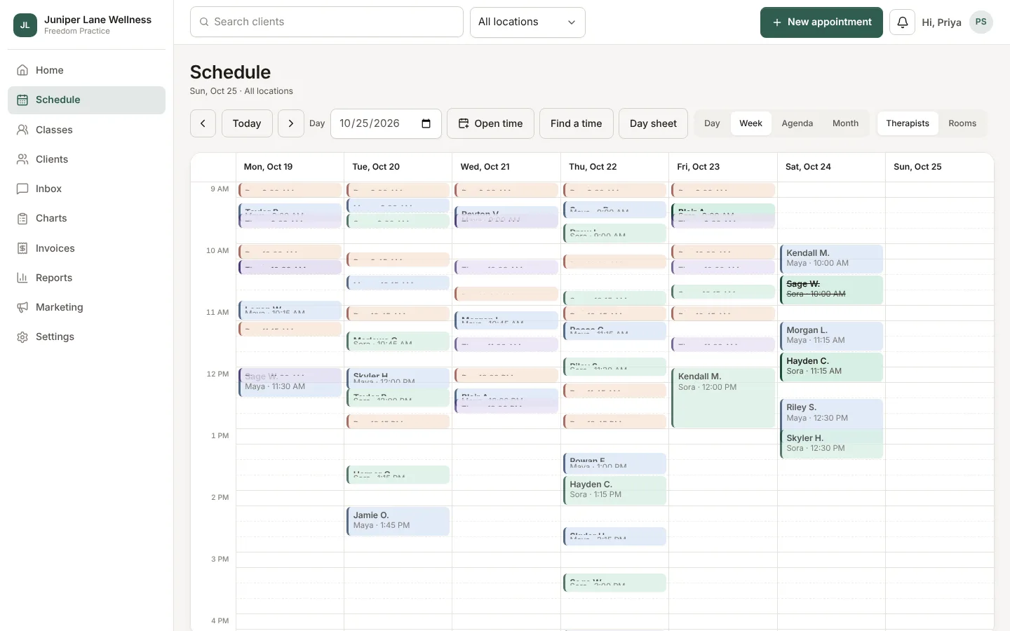 The week view of the schedule, one color per service.
