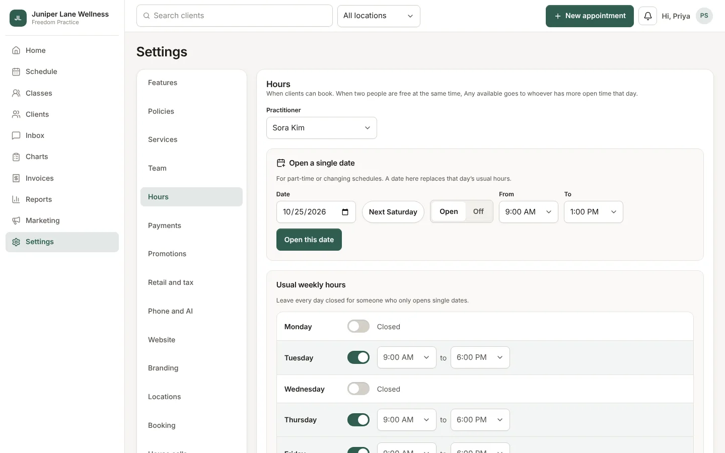 Settings → Hours with weekly blocks and single dates.