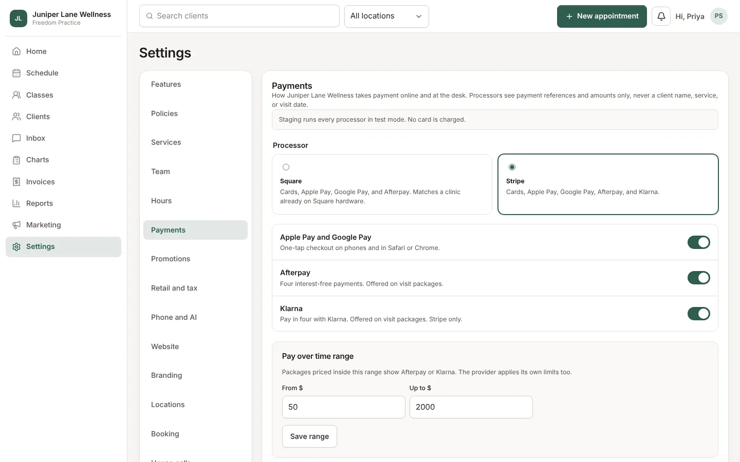Settings → Payments with the processor and QuickBooks.