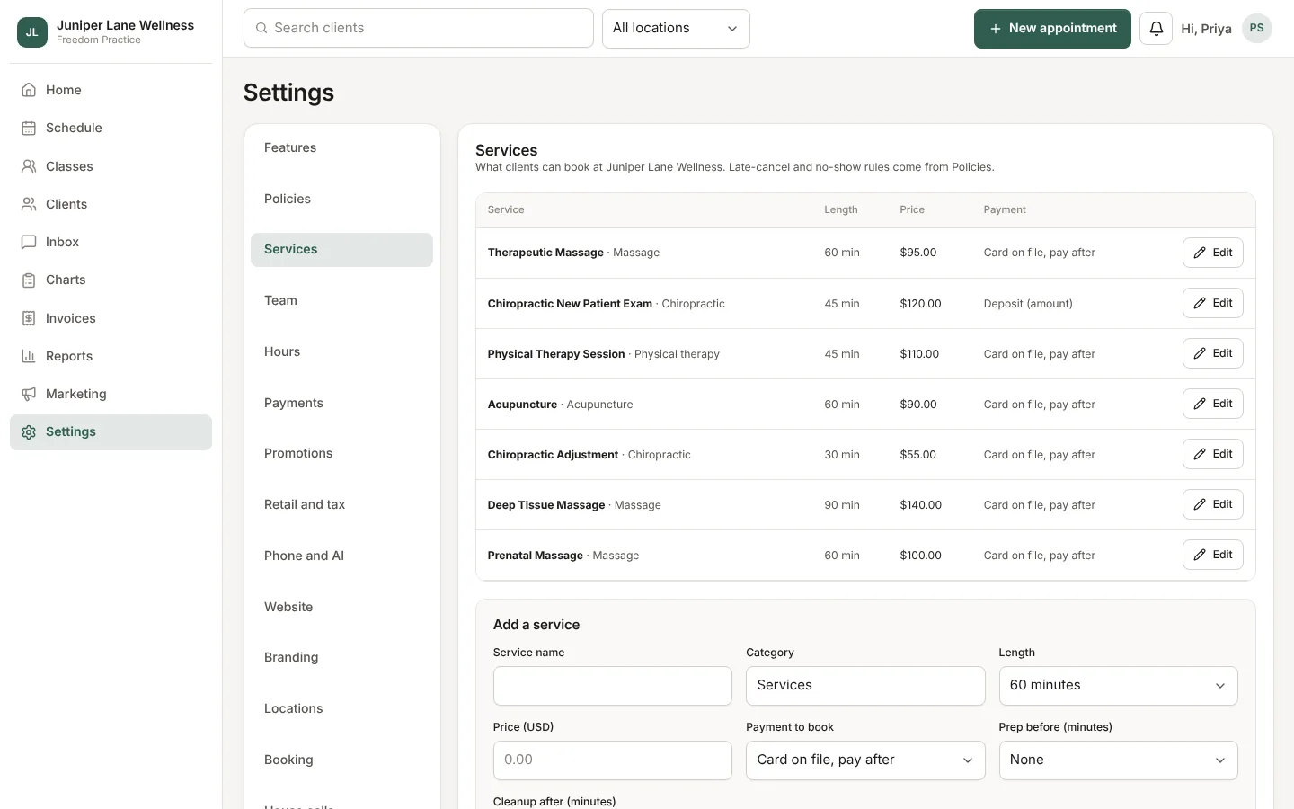 Settings → Services with lengths, prices, and add-ons.