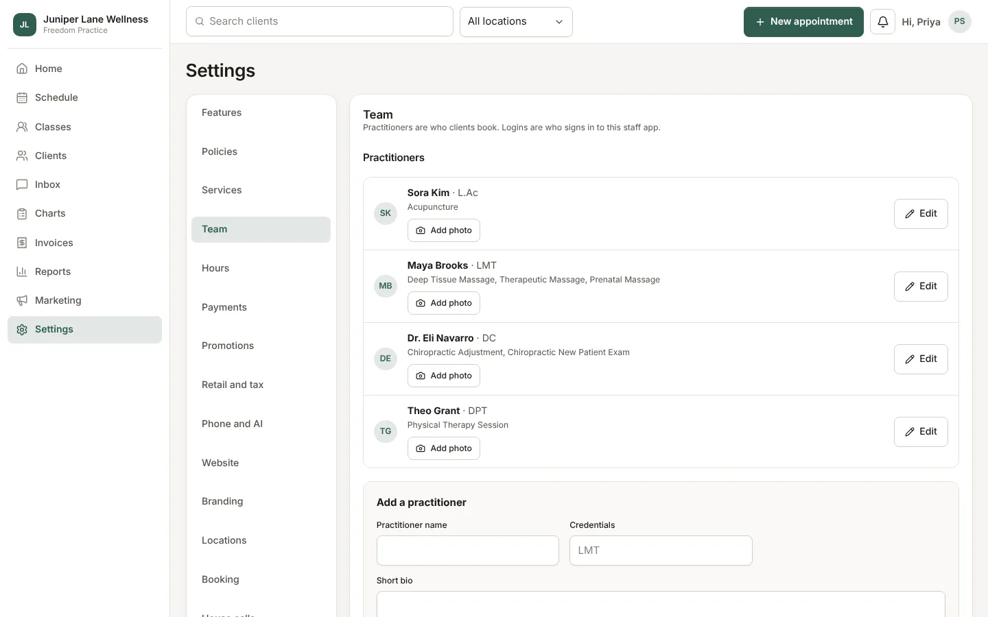 Settings → Team with practitioners and logins.