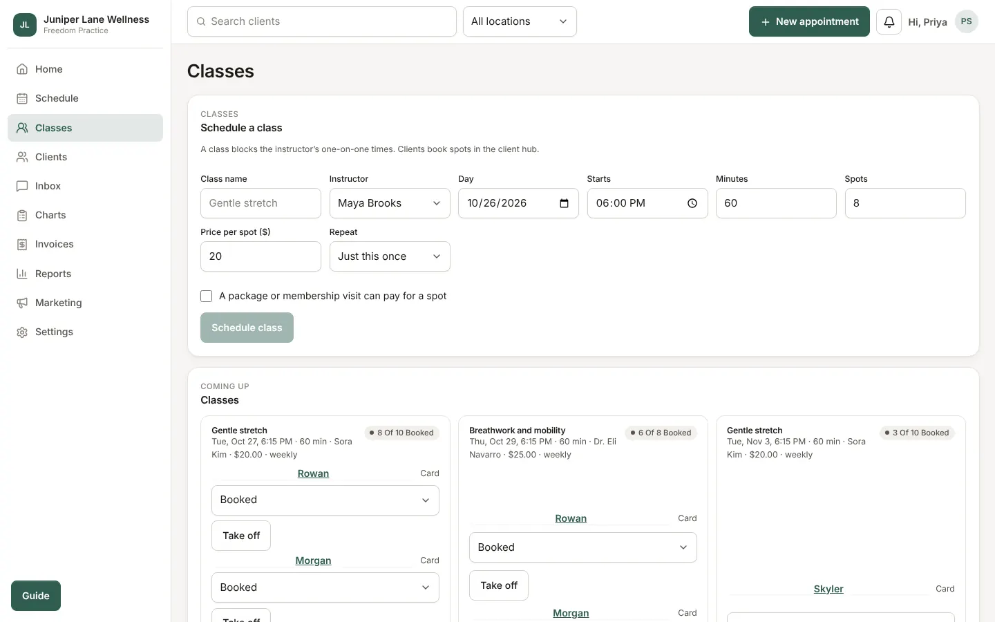 The classes screen: schedule a class, and each upcoming class's roster.