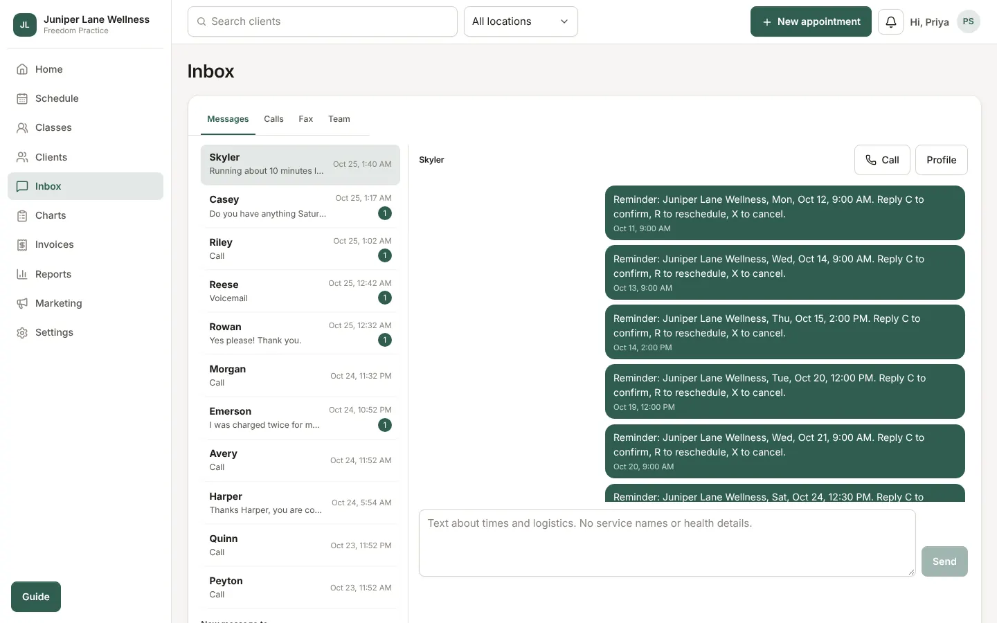 The inbox: a list of client conversations and calls, with one text thread open.