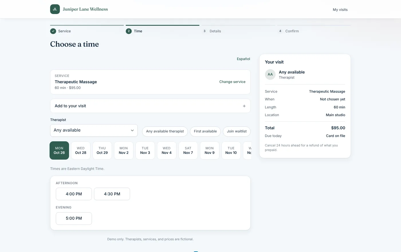 The booking page: pick a service, a practitioner, and an open time.